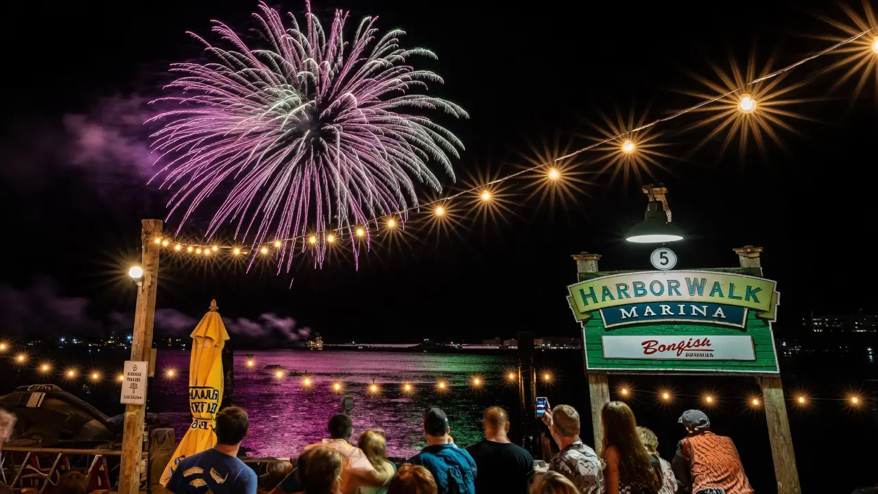 HarborWalk Village fireworks over Destin Harbor