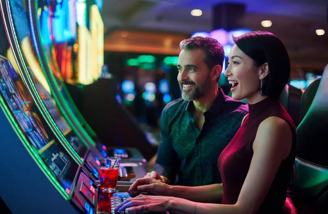 Rows of modern slot machines ready for play at a Gulf Coast casino