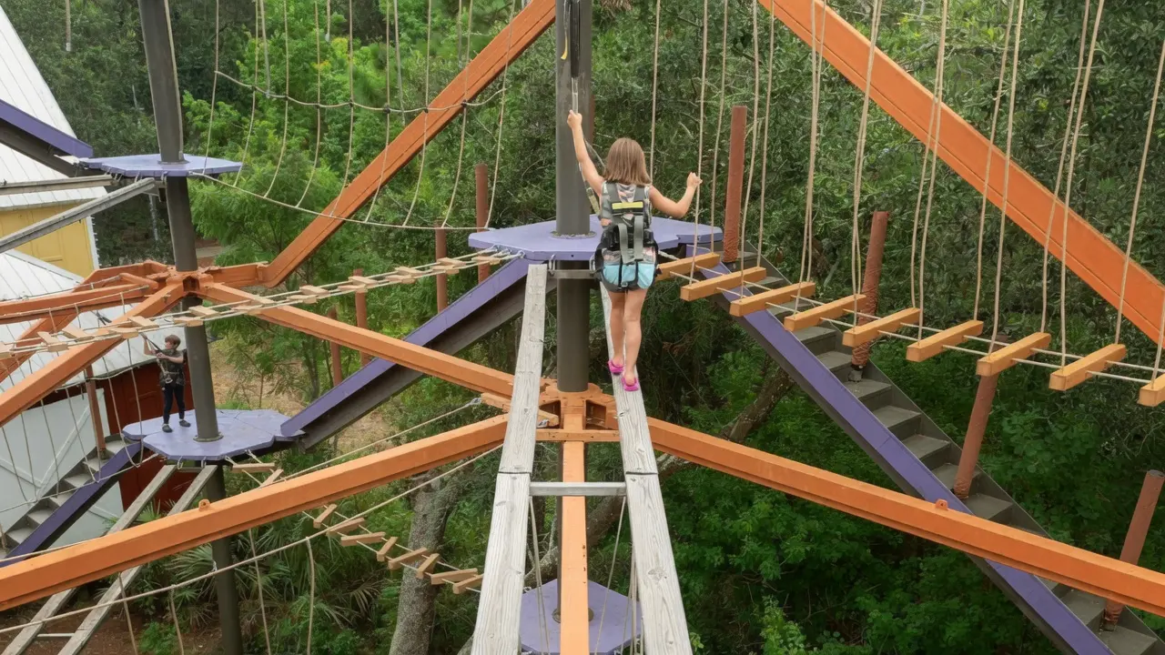 Kids on the Sky Trail ropes course at Baytowne Adventure Zone