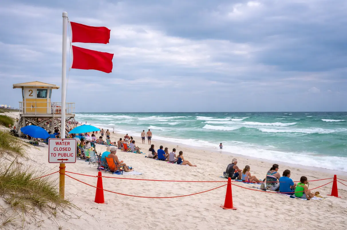 Double red flags flying at Miramar Beach signaling the water is closed under South Walton beach safety rules