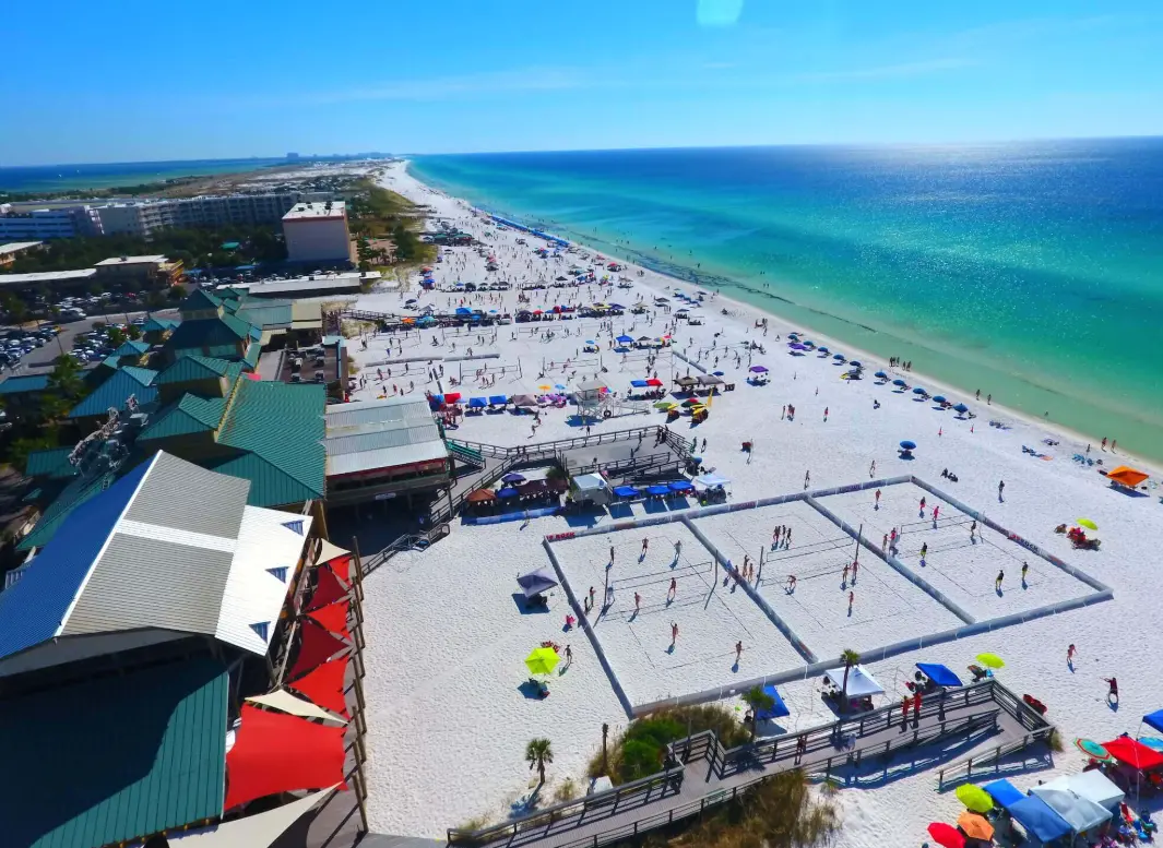 Aerial view of Okaloosa Island and Fort Walton Beach shoreline along the Gulf of Mexico