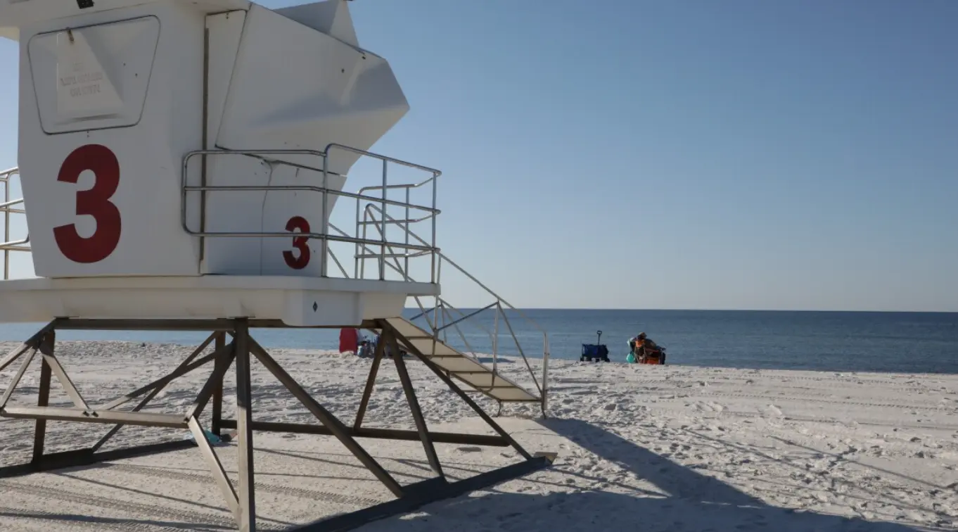Lifeguard tower on Destin beach where daily flag conditions are set and monitored