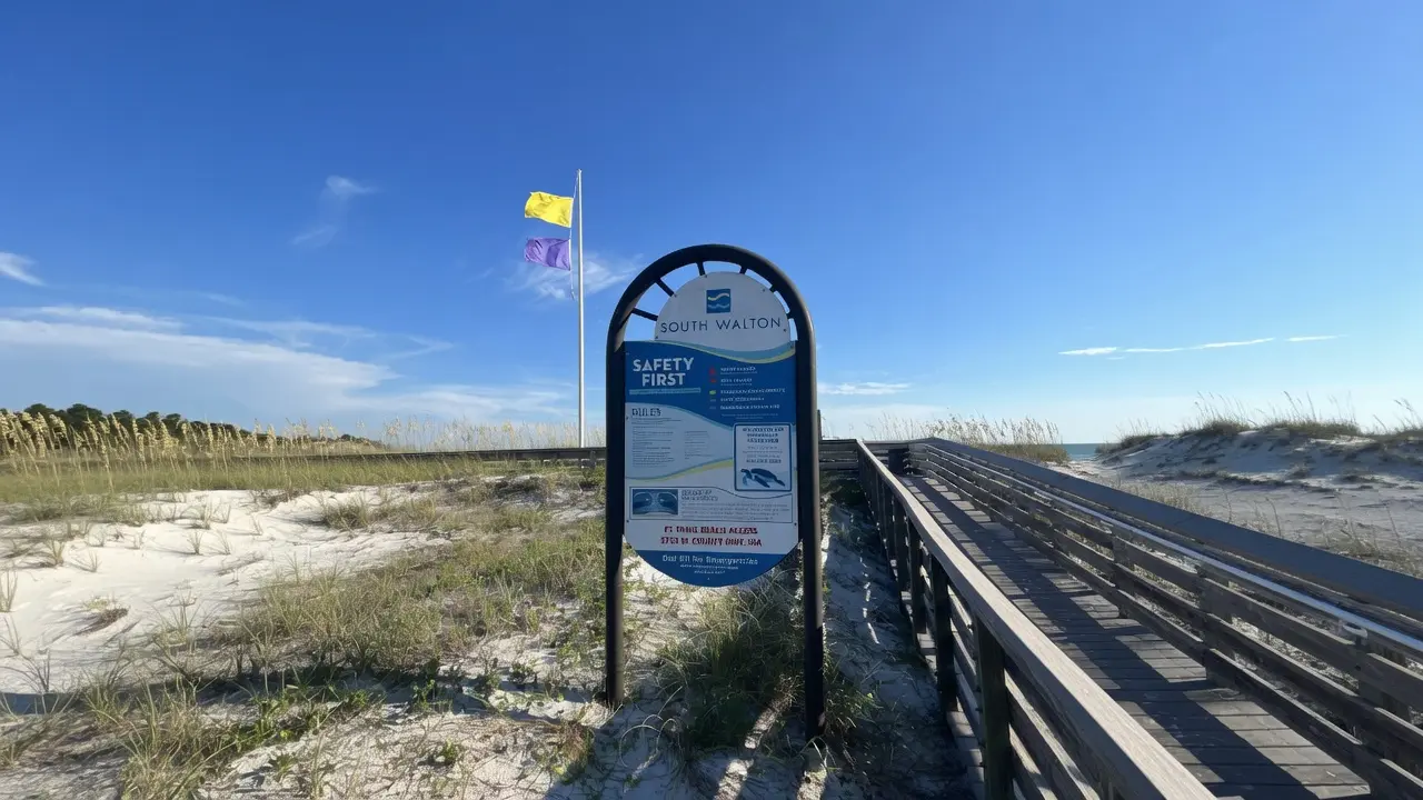 Numbered beach access markers along Miramar Beach in South Walton where daily flags are posted