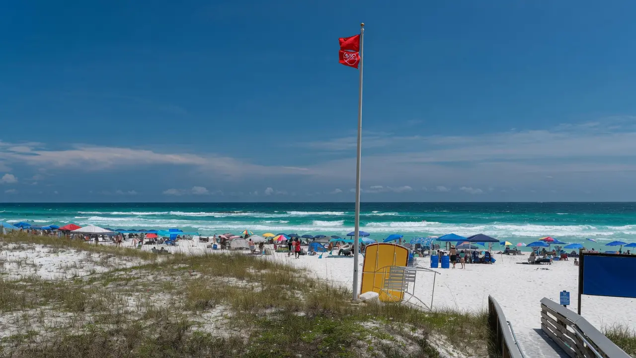 Red flag flying over Destin beach with rough Gulf surf behind it